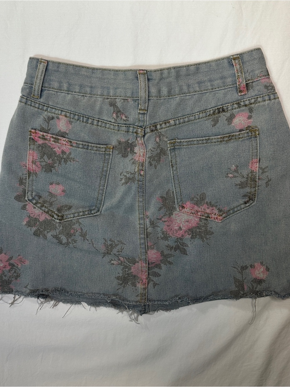 Pink Floral Denim Mini Skirt on Light Blue Wash - Picture 3 of 3